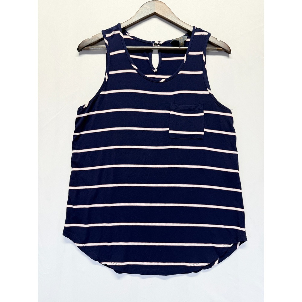 Mix By 41 Hawthorn Tank Top Womens Medium Navy Blue White Striped Keyhole Back